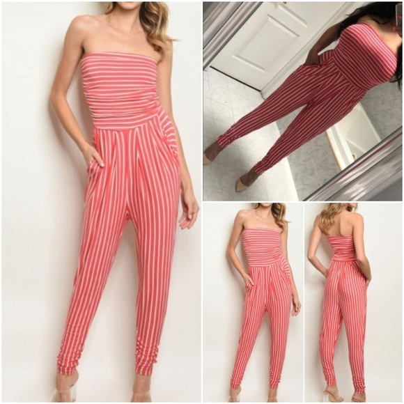 Trend Setter Diva Boutique Pants - LAST 1 SIZE LARGE! CORAL STRIPE JUMPSUIT